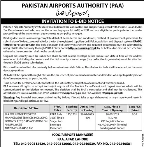 Pakistan Airport Authority Lahore Tender Notice